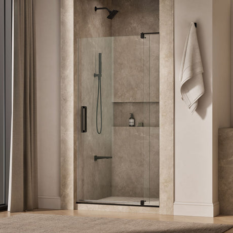 Revel® 39-1/8"-44" W x 74" H pivot shower door with 5/16"-thick Crystal Clear glass