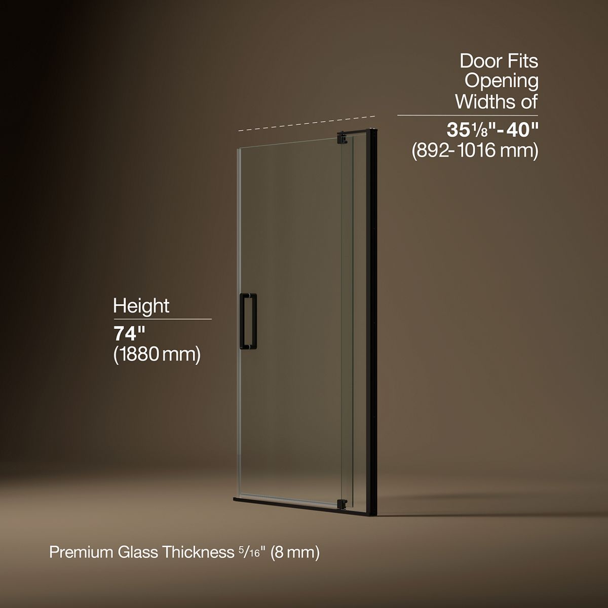 Revel® 35-1/8"-40" W x 74" H pivot shower door with 5/16"-thick Crystal Clear glass