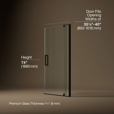 Revel® 35-1/8"-40" W x 74" H pivot shower door with 5/16"-thick Crystal Clear glass
