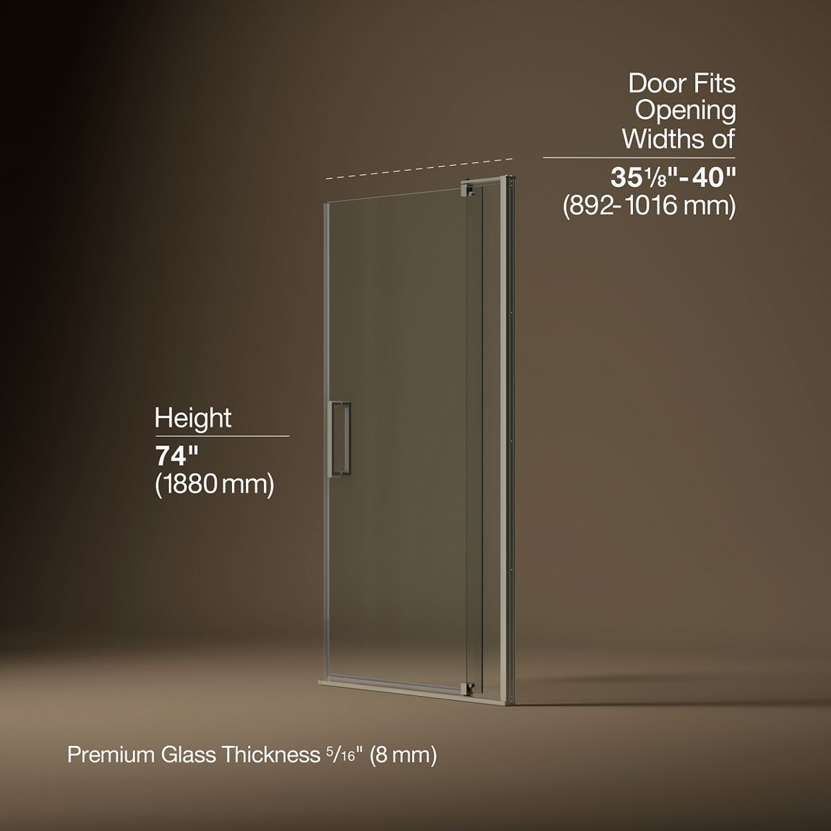 Revel® 35-1/8"-40" W x 74" H pivot shower door with 5/16"-thick Crystal Clear glass