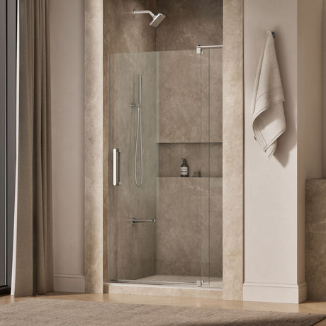 Revel® 39-1/8"-44" W x 74" H pivot shower door with 5/16"-thick Crystal Clear glass