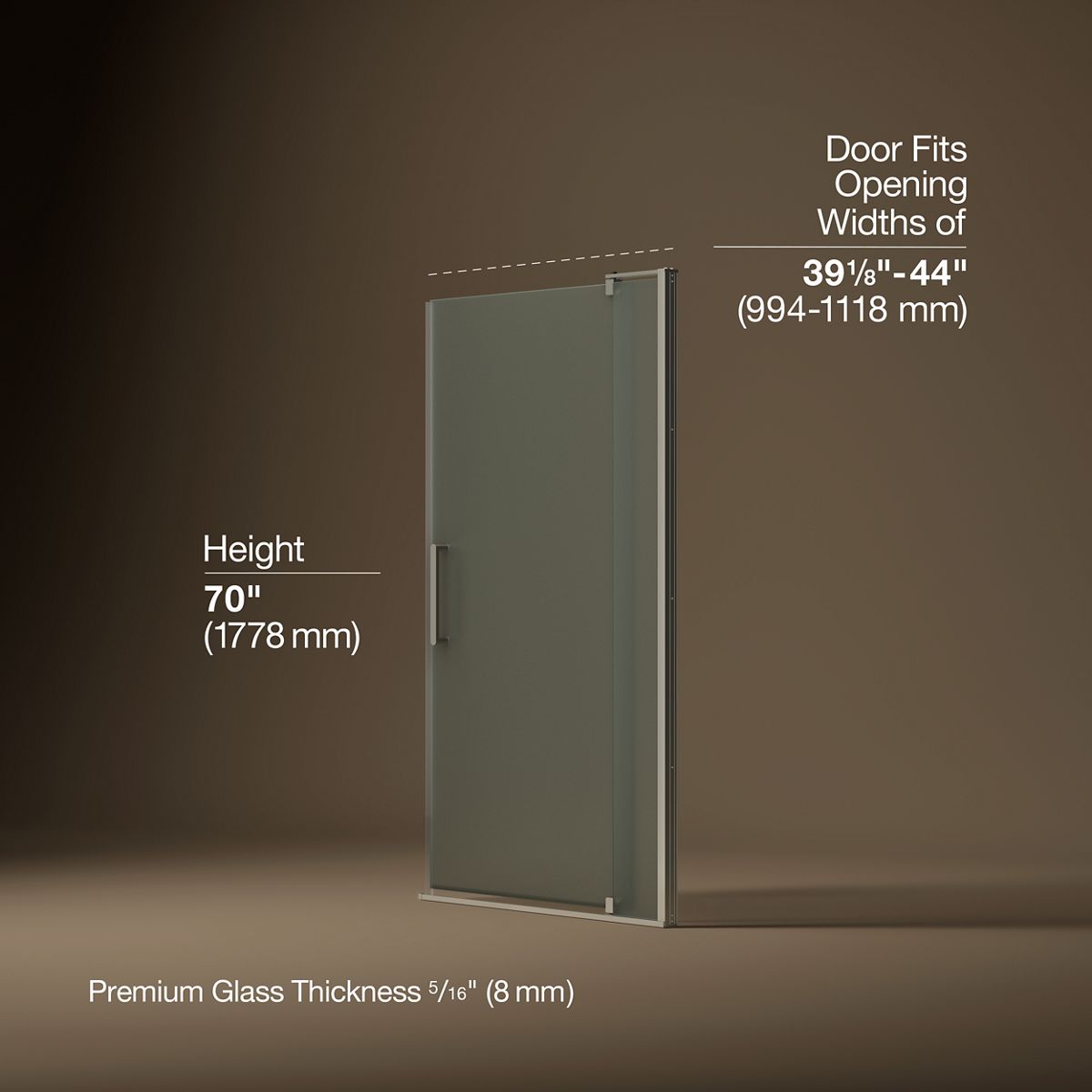 Revel® 39-1/8"-44" W x 70" H pivot shower door with 5/16"-thick Frosted glass