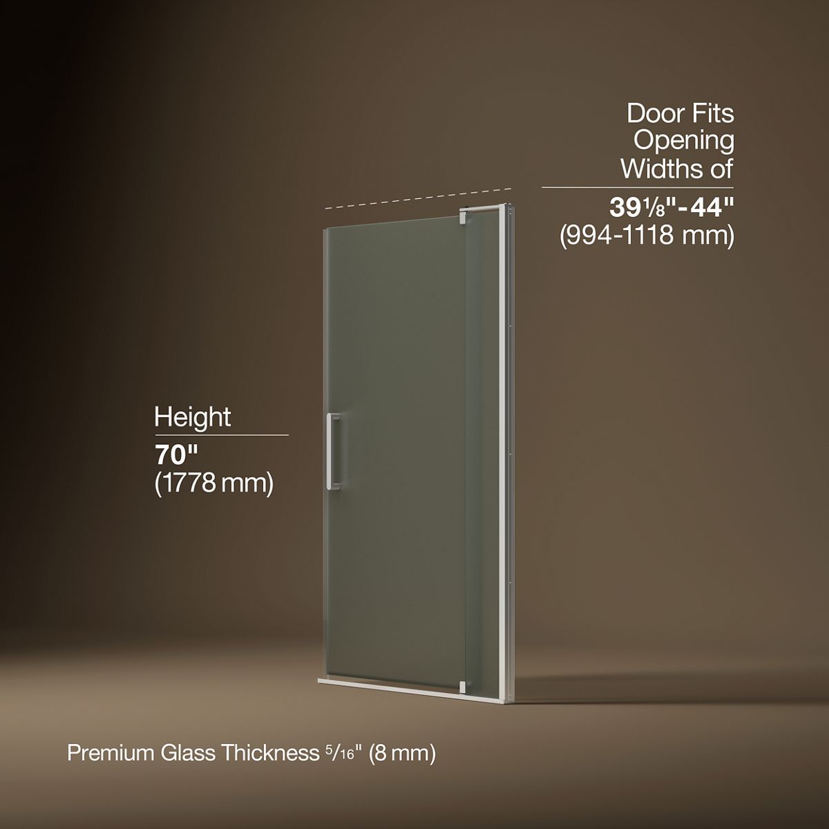 Revel® 39-1/8"-44" W x 70" H pivot shower door with 5/16"-thick Frosted glass