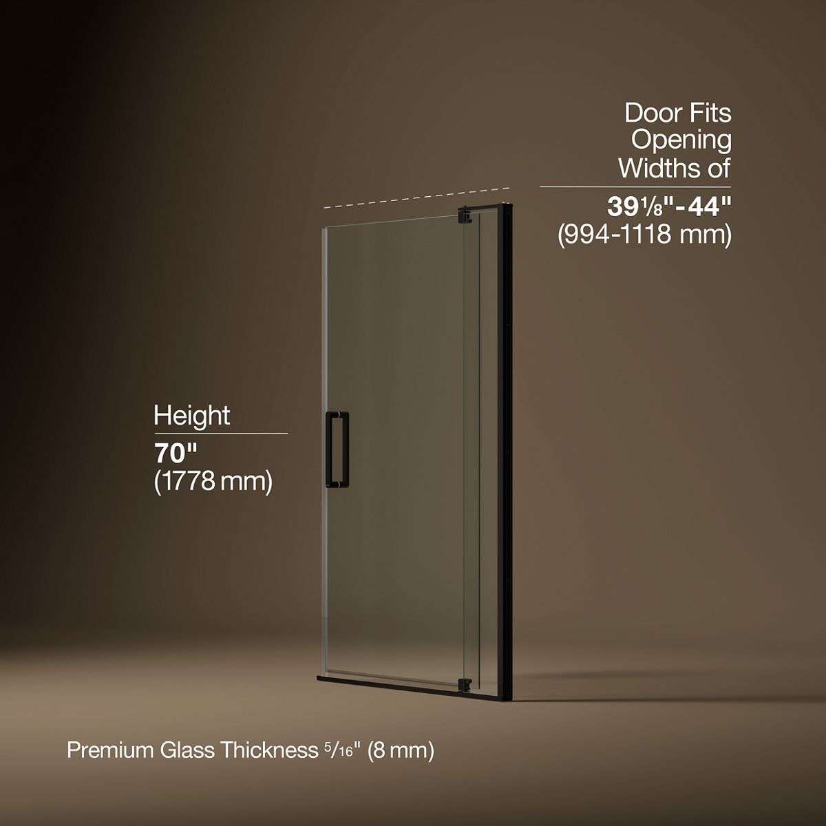 Revel® 39-1/8"-44" W x 70" H pivot shower door with 5/16"-thick Crystal Clear glass