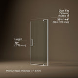 Revel® 39-1/8"-44" W x 70" H pivot shower door with 5/16"-thick Crystal Clear glass