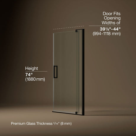 Revel® 39-1/8"-44" W x 74" H pivot shower door with 5/16"-thick Crystal Clear glass
