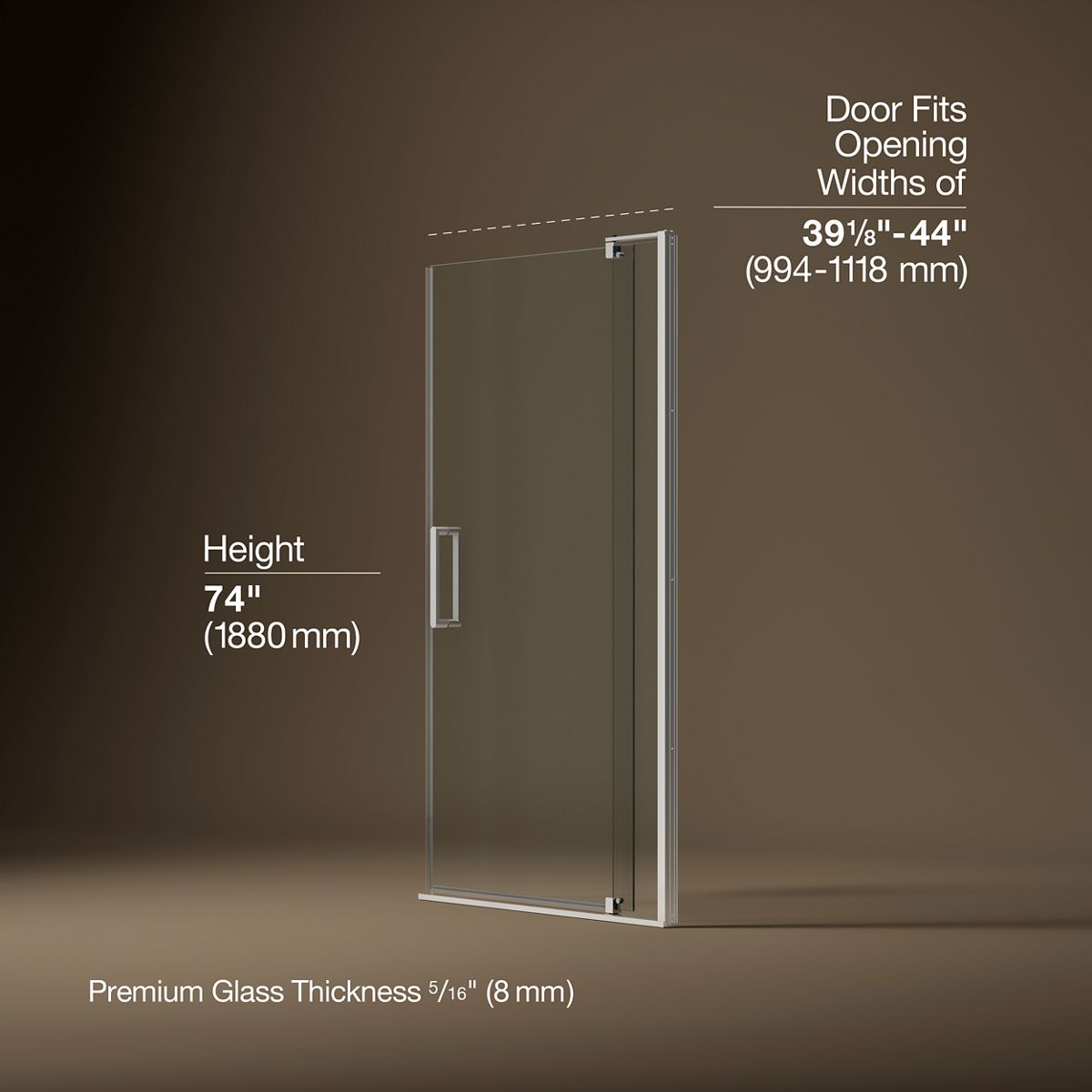Revel® 39-1/8"-44" W x 74" H pivot shower door with 5/16"-thick Crystal Clear glass