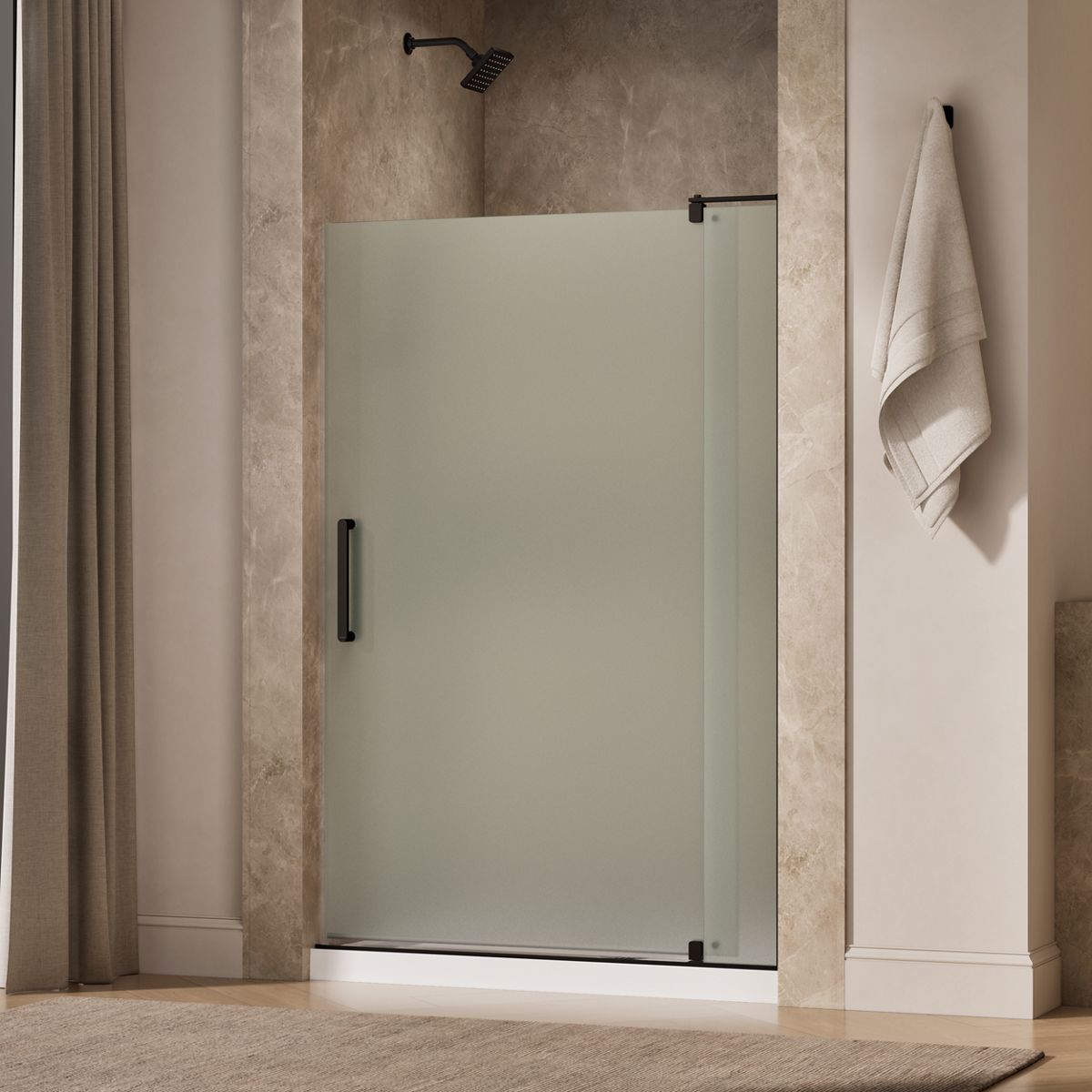 Revel® 43-1/8"-48" W x 70" H pivot shower door with 5/16"-thick Frosted glass