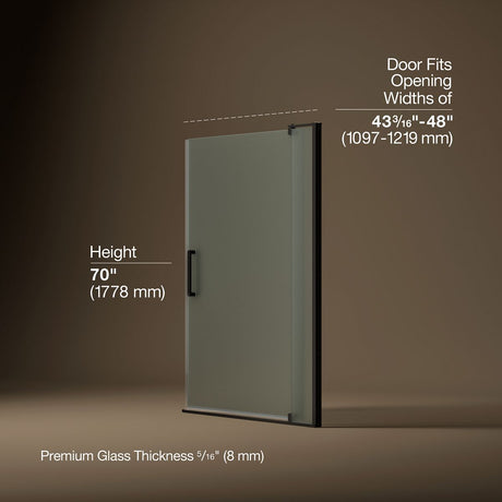 Revel® 43-1/8"-48" W x 70" H pivot shower door with 5/16"-thick Frosted glass
