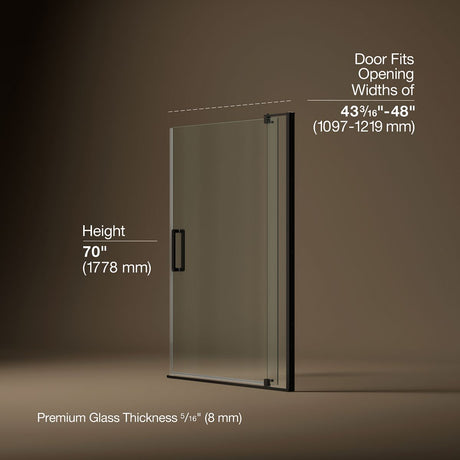 Revel® 43-1/8"-48" W x 70" H pivot shower door with 5/16"-thick Crystal Clear glass