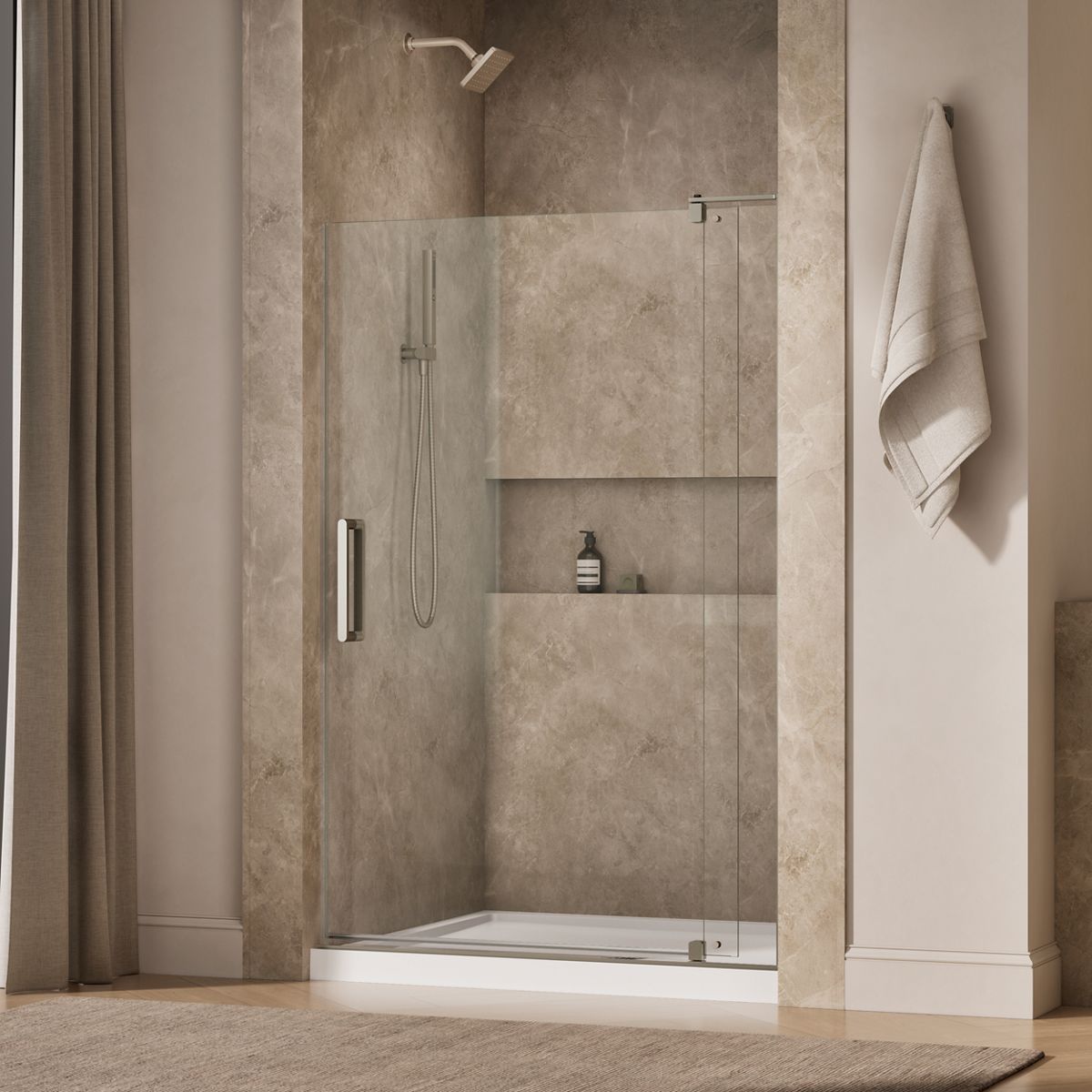 Revel® 43-1/8"-48" W x 70" H pivot shower door with 5/16"-thick Crystal Clear glass