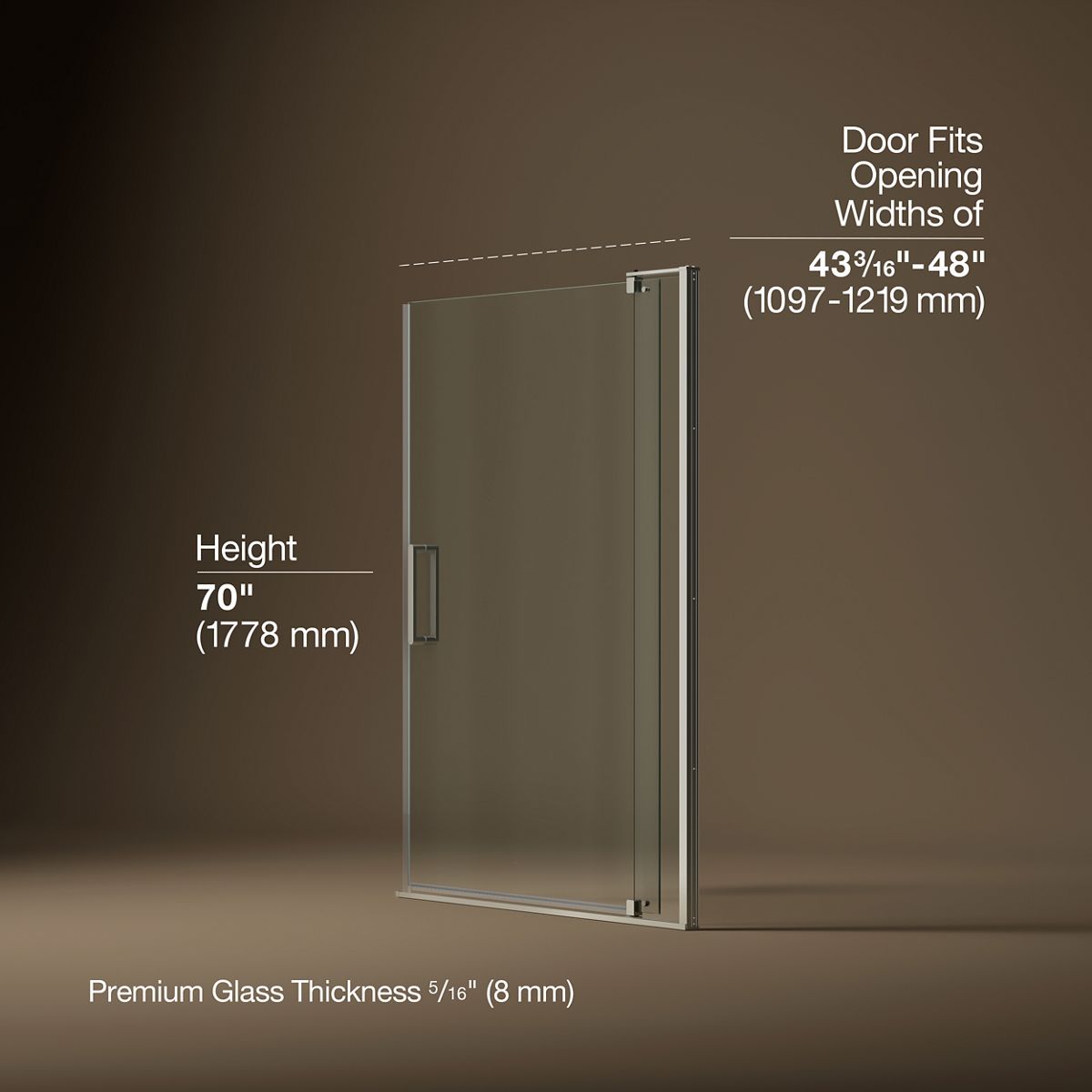 Revel® 43-1/8"-48" W x 70" H pivot shower door with 5/16"-thick Crystal Clear glass