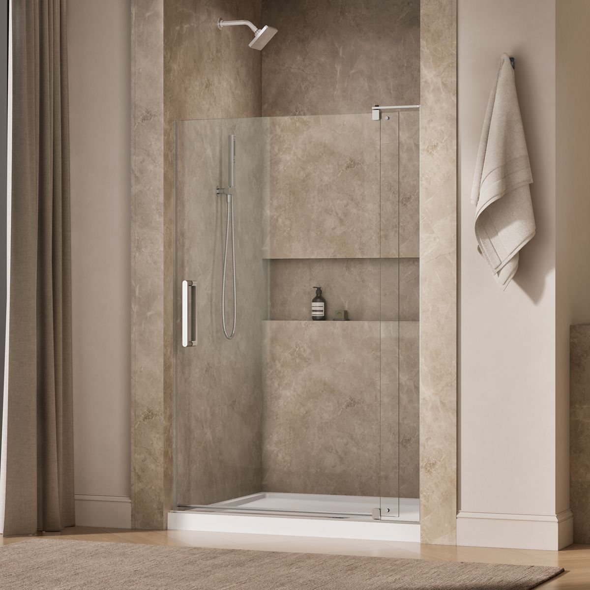 Revel® 43-1/8"-48" W x 70" H pivot shower door with 5/16"-thick Crystal Clear glass