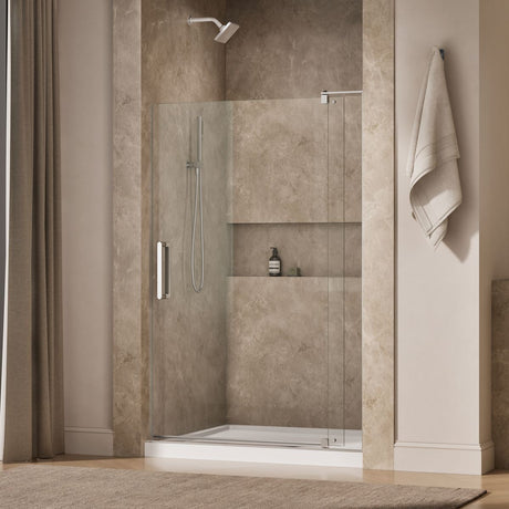 Revel® 43-1/8"-48" W x 70" H pivot shower door with 5/16"-thick Crystal Clear glass