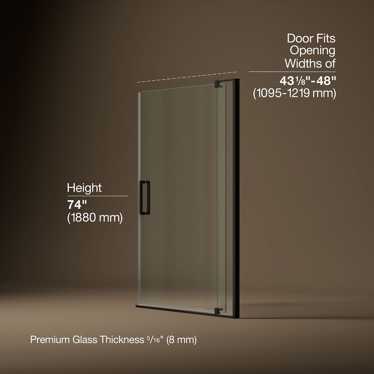Revel® 43-1/8"-48" W x 74" H pivot shower door with 5/16"-thick Crystal Clear glass