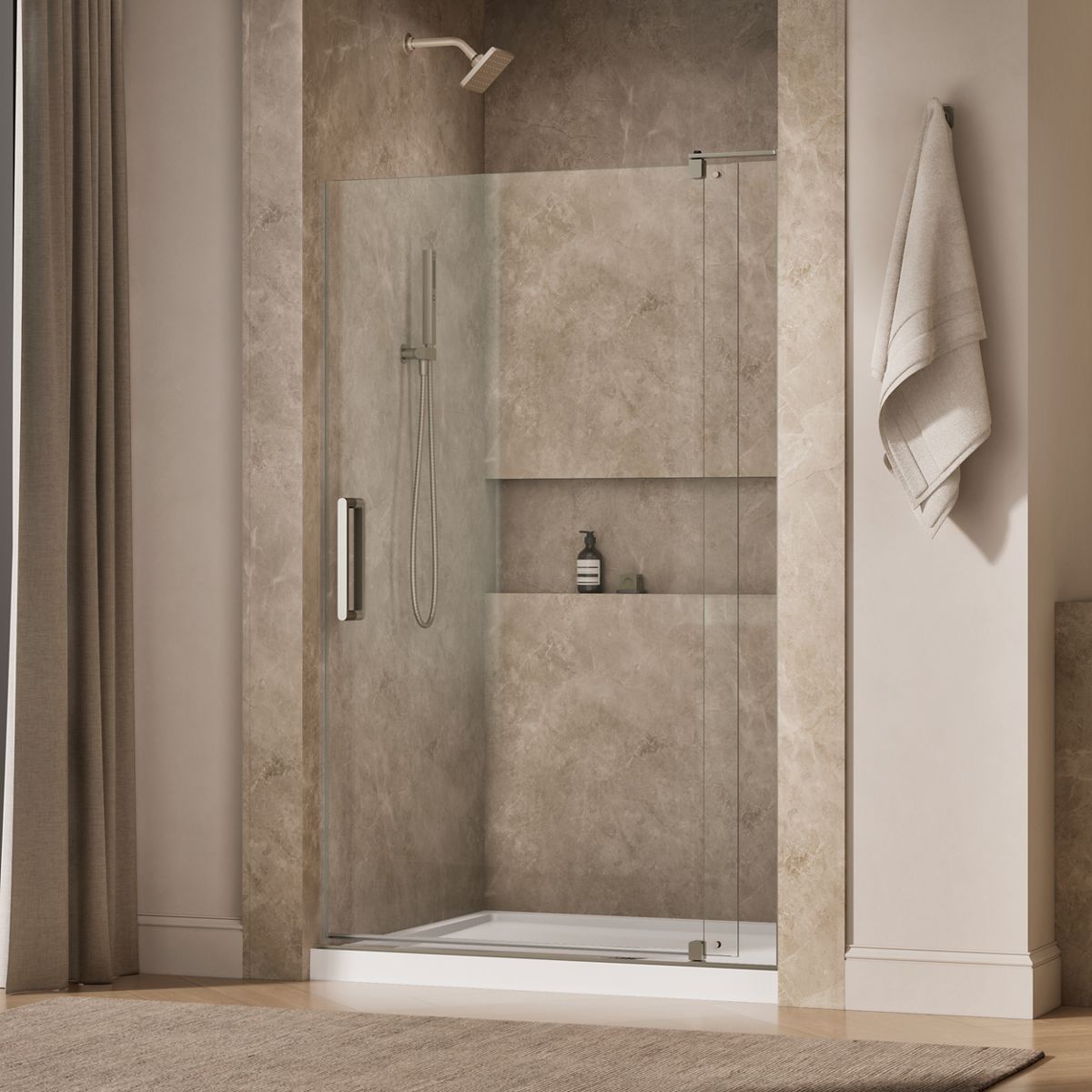 Revel® 43-1/8"-48" W x 74" H pivot shower door with 5/16"-thick Crystal Clear glass