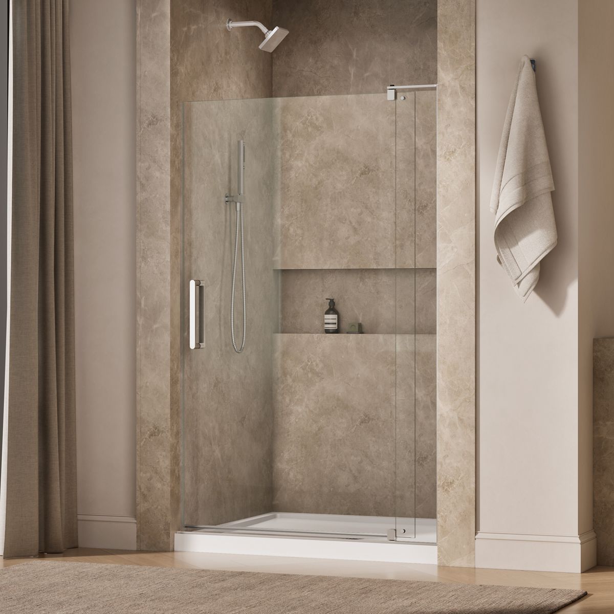Revel® 43-1/8"-48" W x 74" H pivot shower door with 5/16"-thick Crystal Clear glass