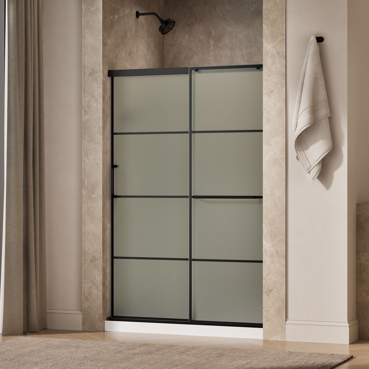 Elate® 50-1/4"-53-5/8" W x 70-1/2" H sliding shower door with 1/4"-thick Frosted glass