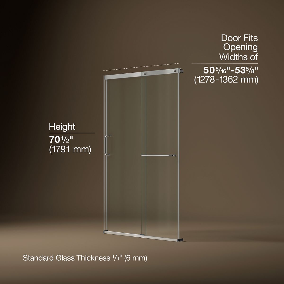 Elate® 50-1/4"-53-5/8" W x 70-1/2" H sliding shower door with 1/4"-thick Crystal Clear glass
