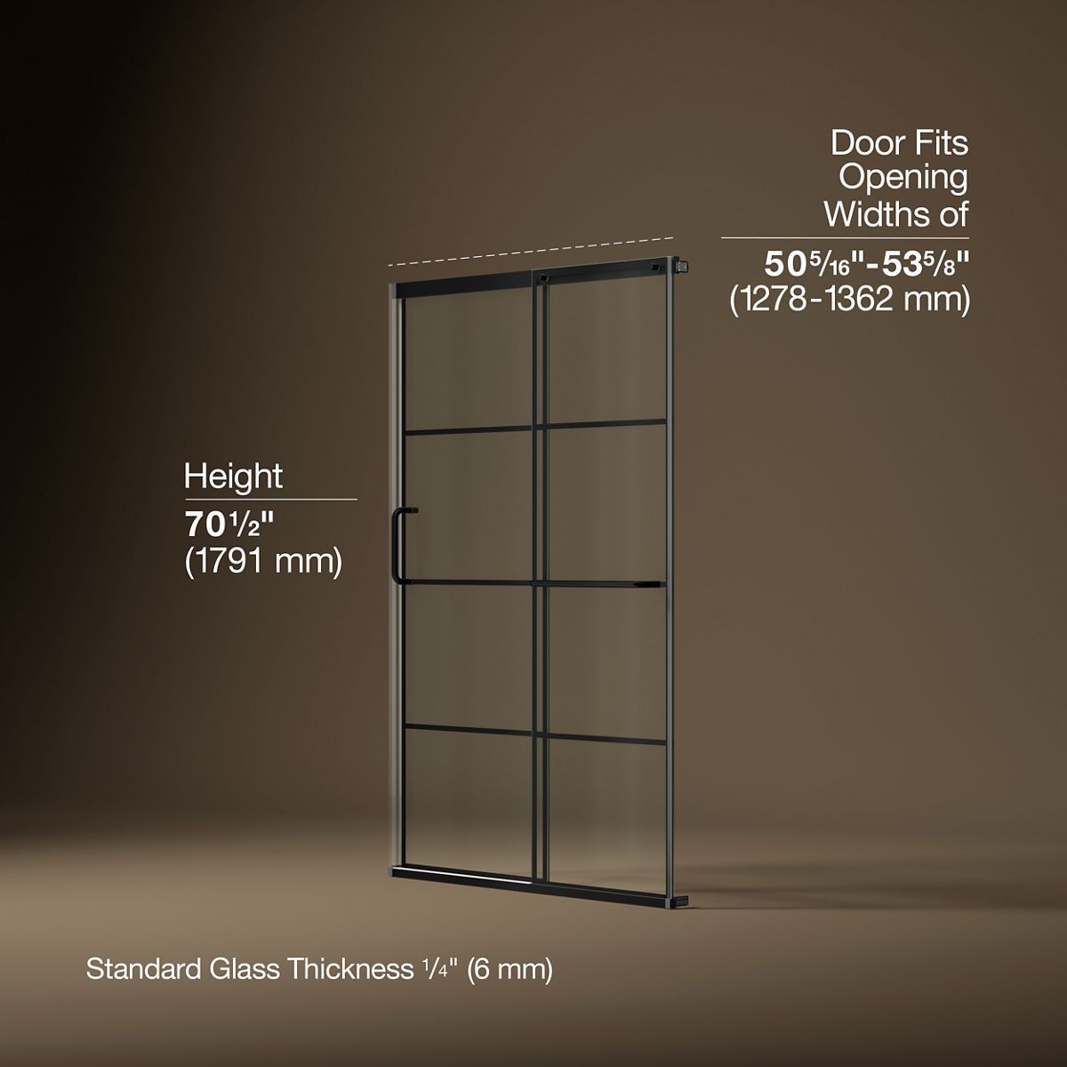 Elate® 50-1/4"-53-5/8" W x 70-1/2" H sliding shower door with 1/4"-thick Crystal Clear glass