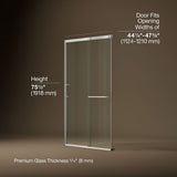 Elate® 44-1/4"-47-5/8" W x 75-1/2" H sliding shower door with 5/16"-thick Crystal Clear glass