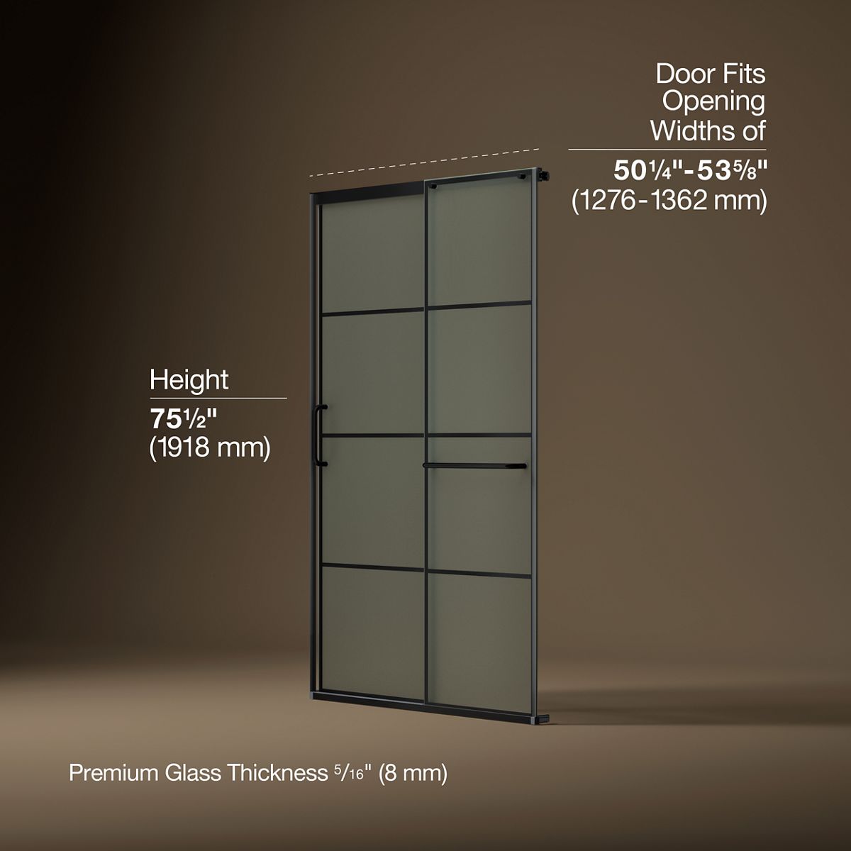 Elate® 50-1/4"-53-5/8" W x 75-1/2" H sliding shower door with 5/16"-thick Frosted glass