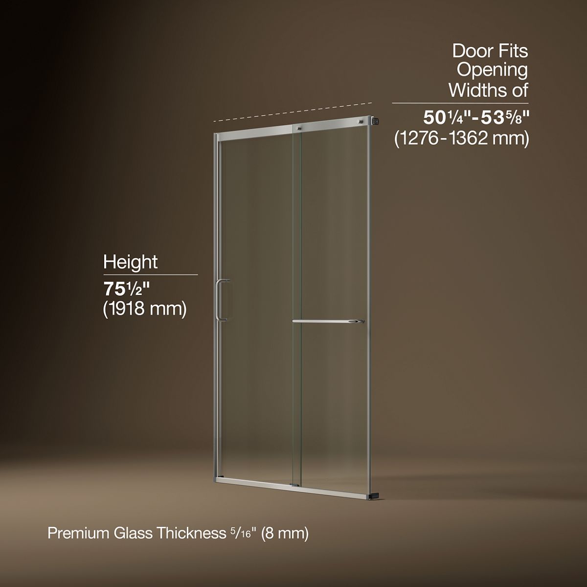 Elate® 50-1/4"-53-5/8" W x 75-1/2" H sliding shower door with 5/16"-thick Crystal Clear glass