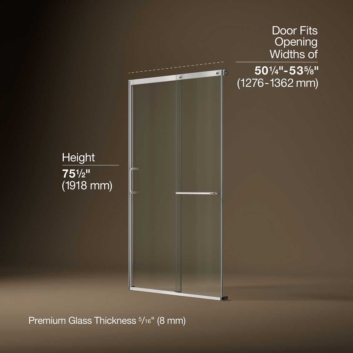 Elate® 50-1/4"-53-5/8" W x 75-1/2" H sliding shower door with 5/16"-thick Crystal Clear glass
