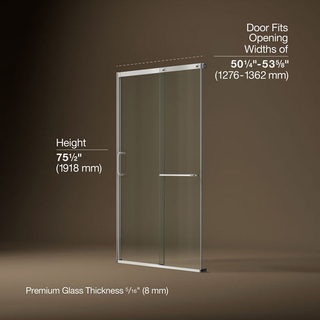 Elate® 50-1/4"-53-5/8" W x 75-1/2" H sliding shower door with 5/16"-thick Crystal Clear glass