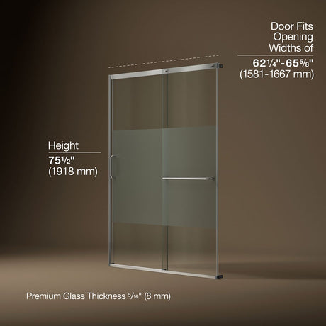 Elate® 62-1/4"-65-5/8" W x 75-1/2" H sliding shower door with 5/16"-thick Crystal Clear glass