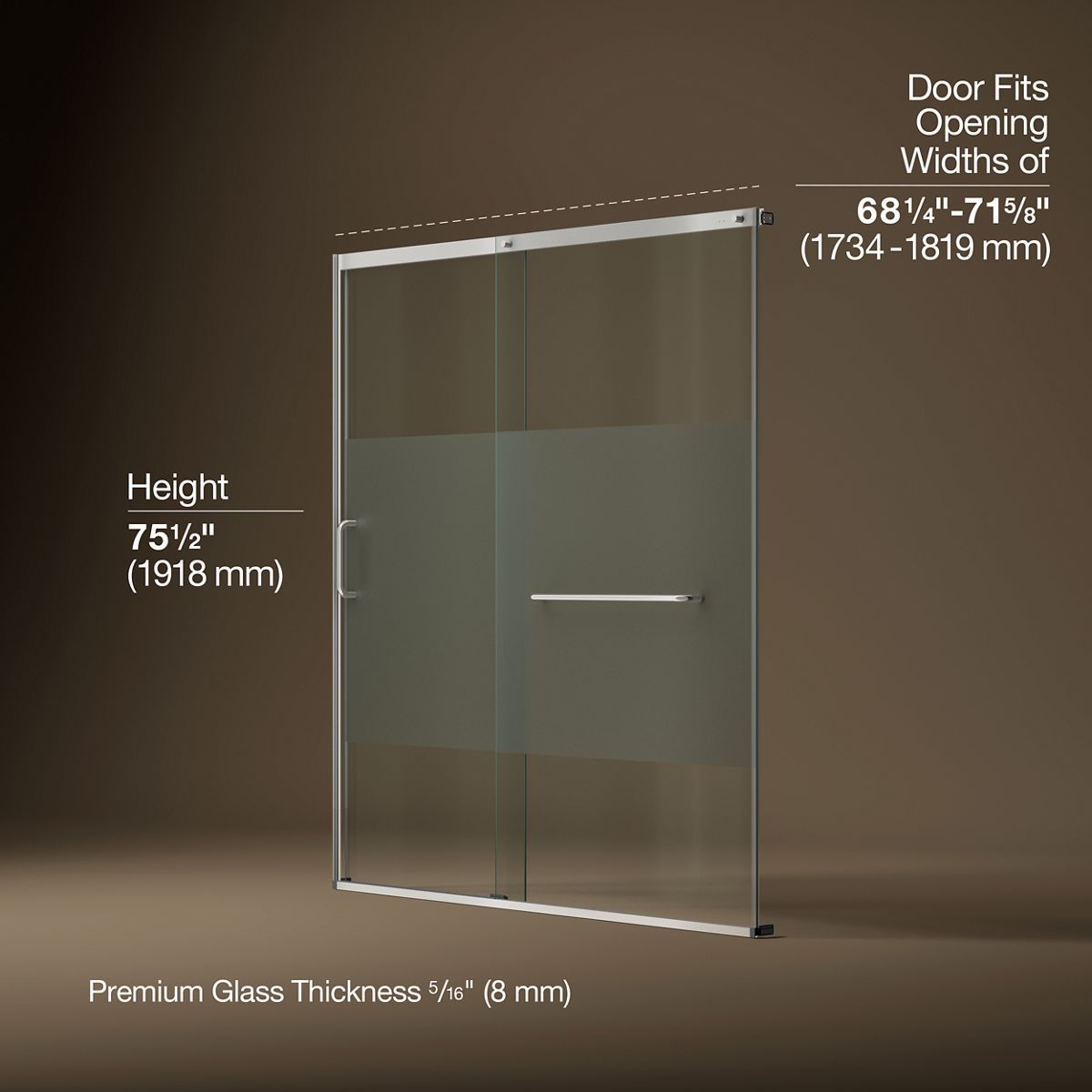Elate® 68-1/4"-71-5/8" W x 75-1/2" H sliding shower door with 5/16"-thick Crystal Clear glass