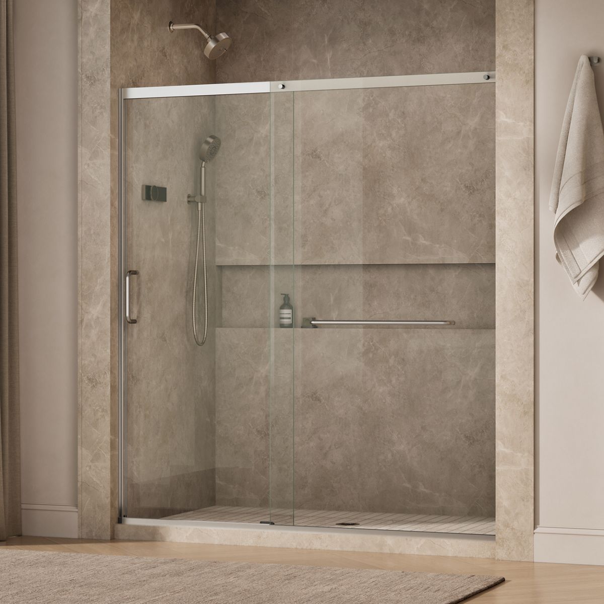 Elate® 68-1/4"-71-5/8" W x 75-1/2" H sliding shower door with 5/16"-thick Crystal Clear glass