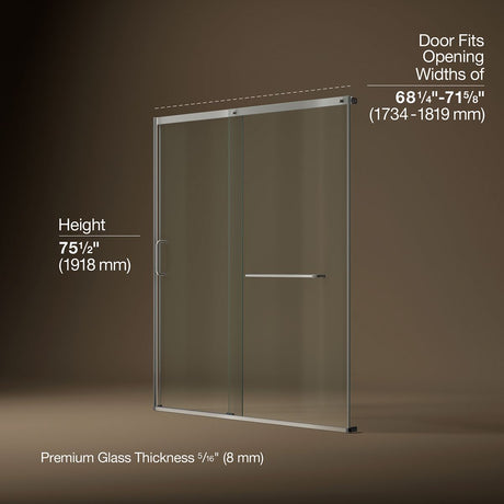 Elate® 68-1/4"-71-5/8" W x 75-1/2" H sliding shower door with 5/16"-thick Crystal Clear glass