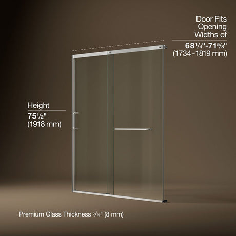Elate® 68-1/4"-71-5/8" W x 75-1/2" H sliding shower door with 5/16"-thick Crystal Clear glass