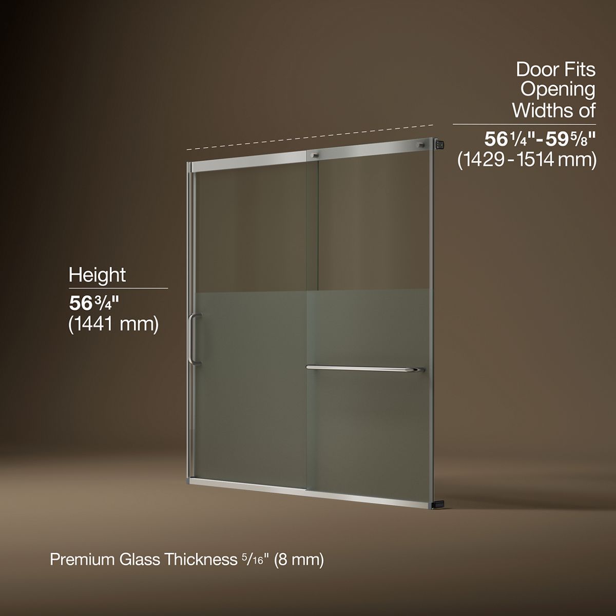 Elate® 56-1/4"-59-5/8" W x 56-3/4" H sliding bath door with 5/16"-thick Crystal Clear glass