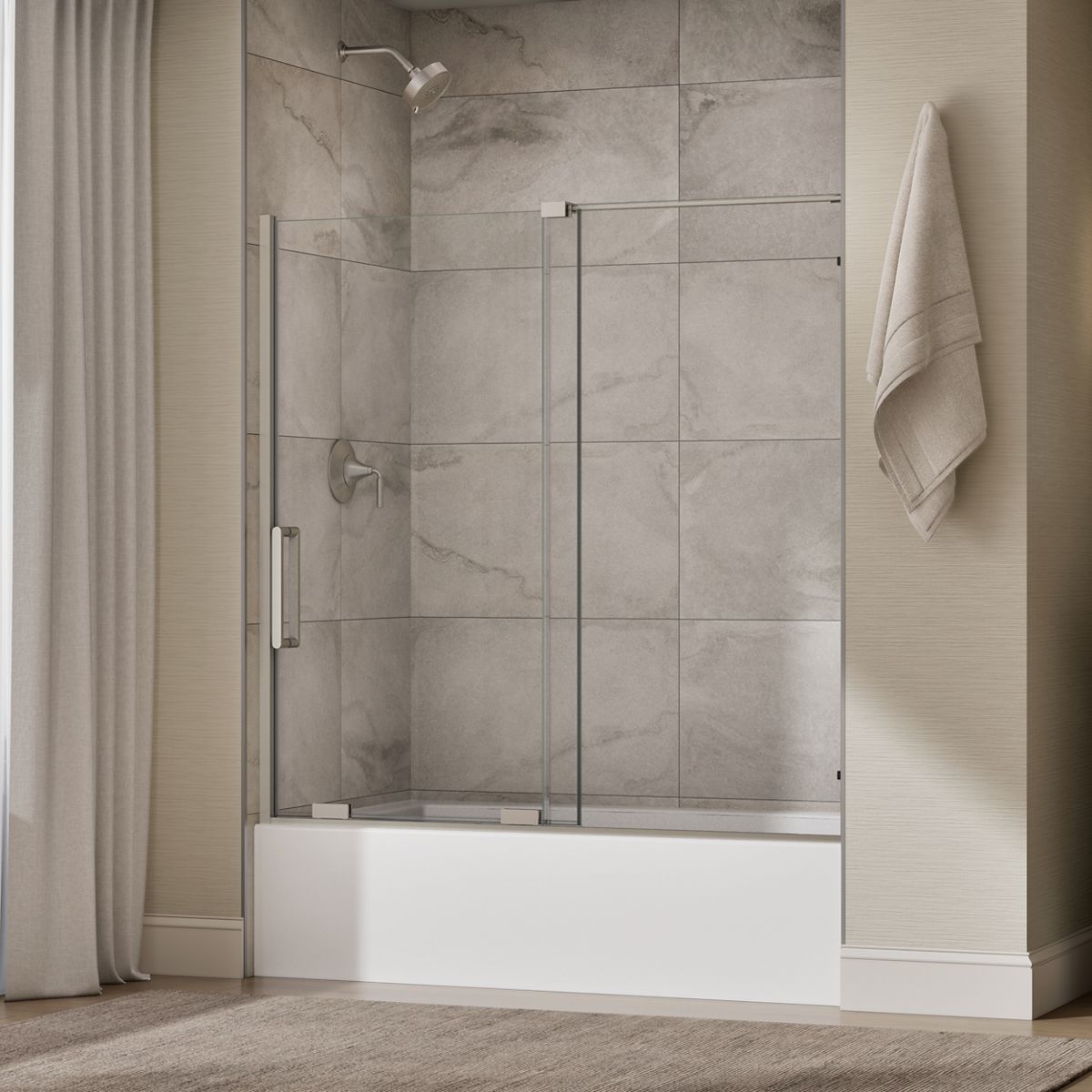 Echelon® 55-3/4"-59-3/4" W x 58-1/4" H bypass bath door with 5/16"-thick Crystal Clear glass