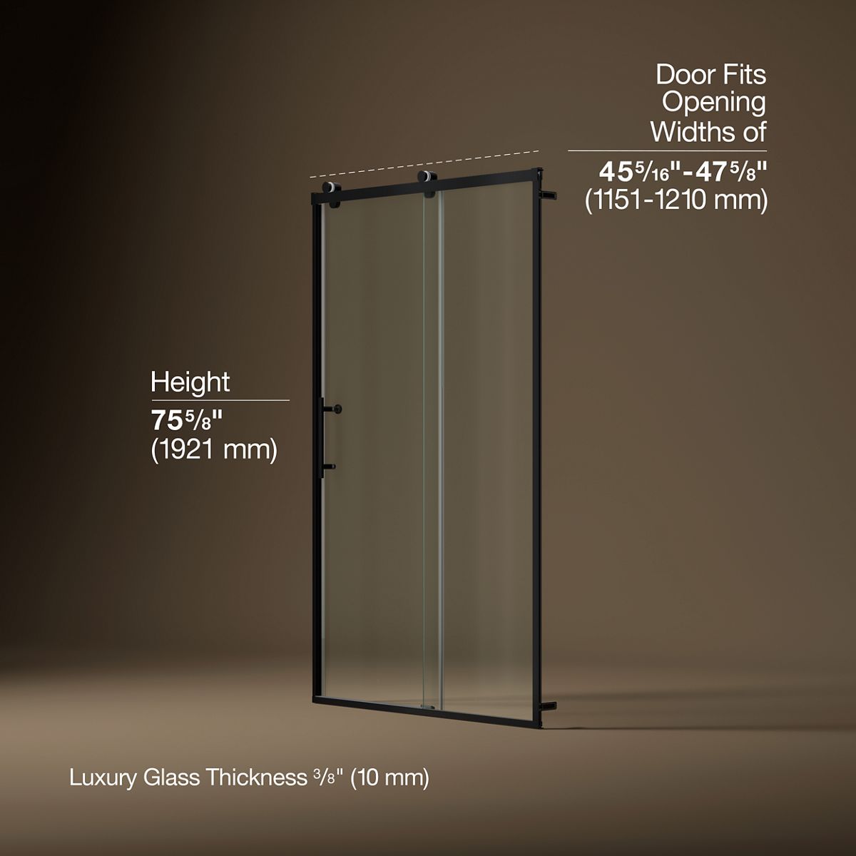 Rely® 44-5/8"-47-5/8" W x 76.99" H sliding shower door with 3/8"-thick Crystal Clear glass