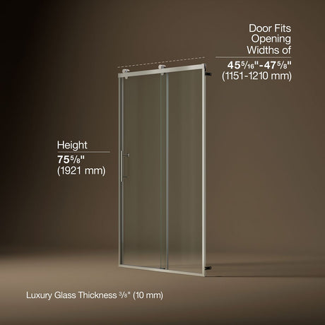 Rely® 44-5/8"-47-5/8" W x 76.99" H sliding shower door with 3/8"-thick Crystal Clear glass