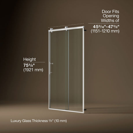 Rely® 44-5/8"-47-5/8" W x 76.99" H sliding shower door with 3/8"-thick Crystal Clear glass