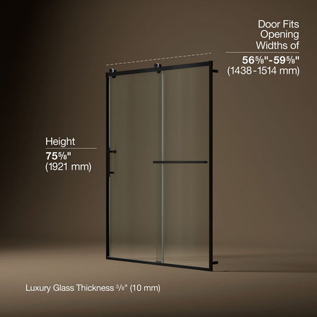 Rely® 56-5/8"-59-5/8" W x 76.99" H sliding shower door with 3/8"-thick Crystal Clear glass