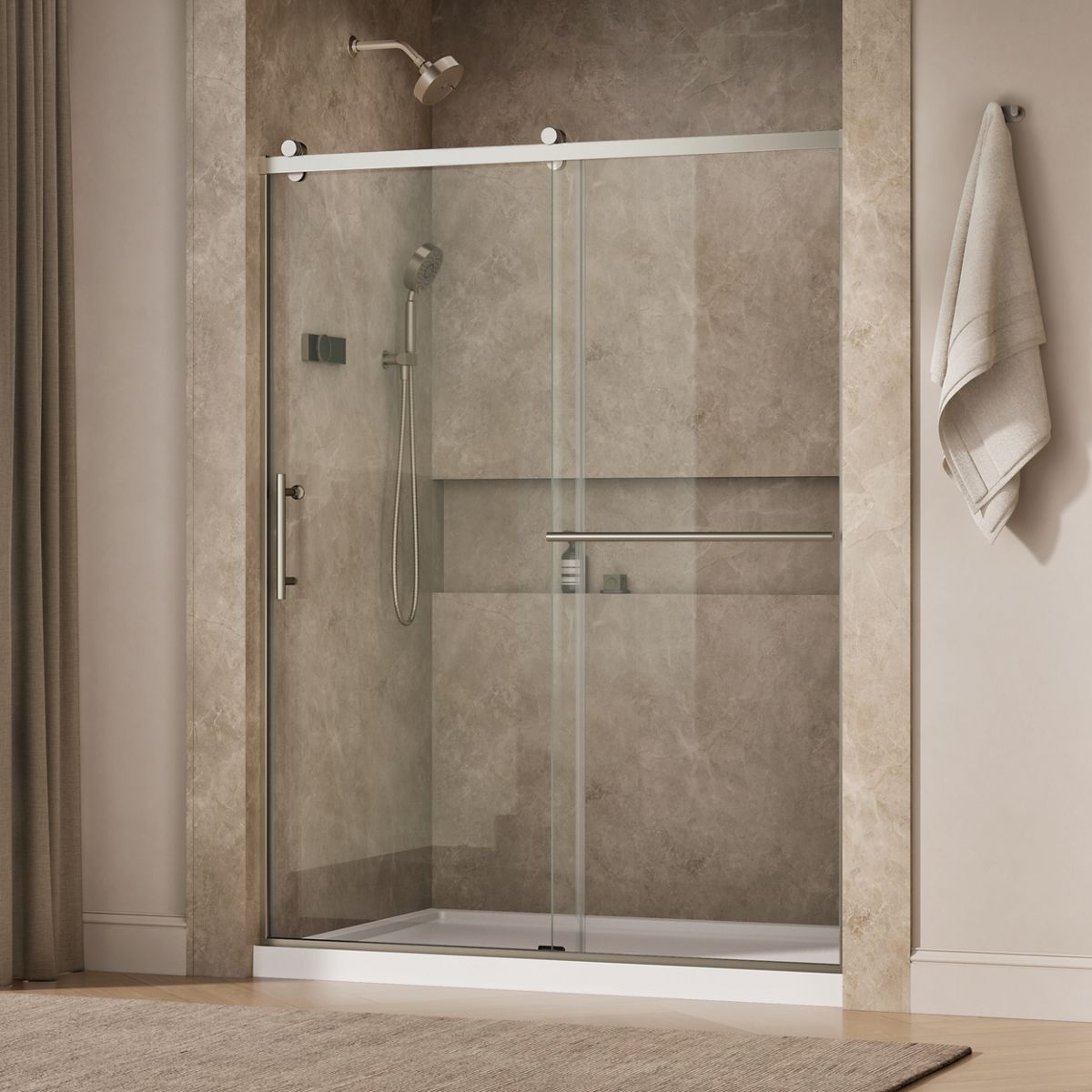 Rely® 56-5/8"-59-5/8" W x 76.99" H sliding shower door with 3/8"-thick Crystal Clear glass