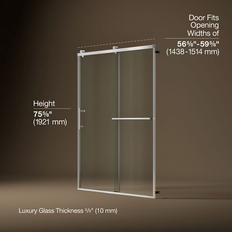 Rely® 56-5/8"-59-5/8" W x 76.99" H sliding shower door with 3/8"-thick Crystal Clear glass