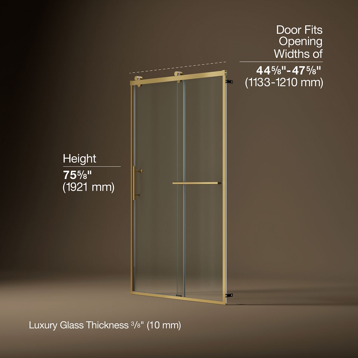 Rely® 44-5/8"-47-5/8" W x 76.99" H sliding shower door with 3/8"-thick Crystal Clear glass