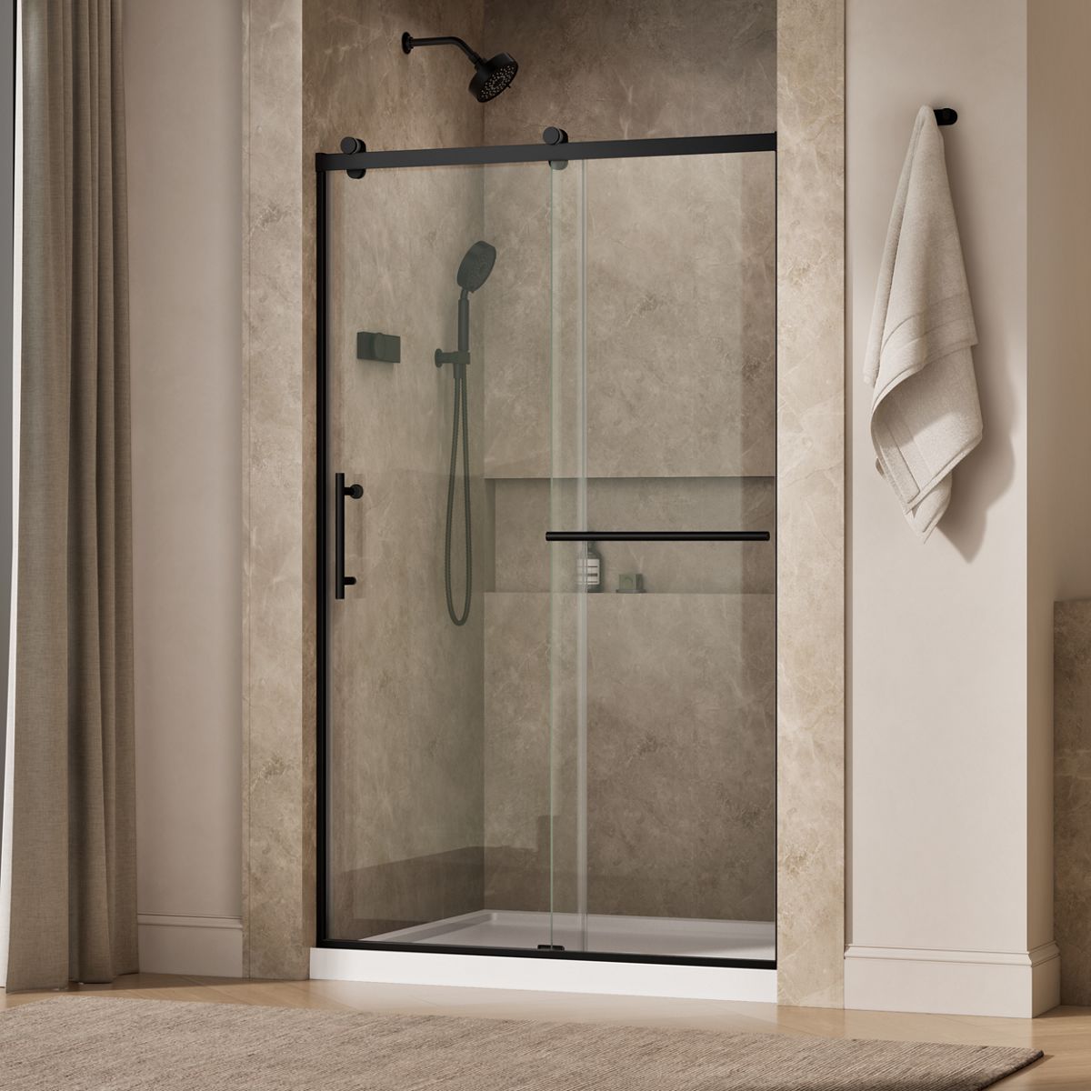 Rely® 44-5/8"-47-5/8" W x 76.99" H sliding shower door with 3/8"-thick Crystal Clear glass