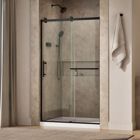 Rely® 44-5/8"-47-5/8" W x 76.99" H sliding shower door with 3/8"-thick Crystal Clear glass