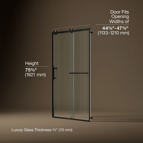 Rely® 44-5/8"-47-5/8" W x 76.99" H sliding shower door with 3/8"-thick Crystal Clear glass