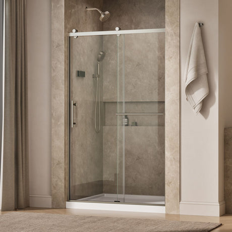 Rely® 44-5/8"-47-5/8" W x 76.99" H sliding shower door with 3/8"-thick Crystal Clear glass
