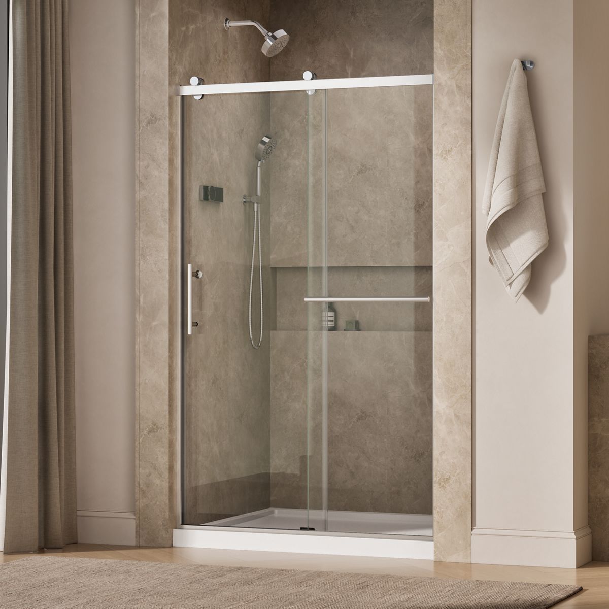 Rely® 44-5/8"-47-5/8" W x 76.99" H sliding shower door with 3/8"-thick Crystal Clear glass