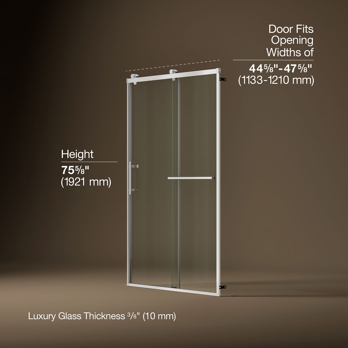 Rely® 44-5/8"-47-5/8" W x 76.99" H sliding shower door with 3/8"-thick Crystal Clear glass