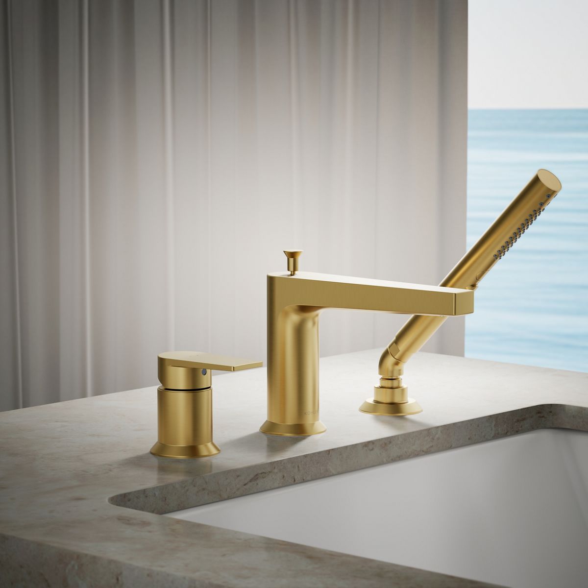 Taut® Deck-mount bath faucet with handshower